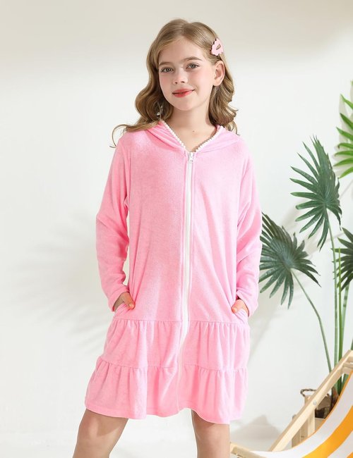 LUCKYGAL Girls Swim Cover-Up - Long Sleeve Terry Swimsuit for Beach & Pool Fun | Stylish with Sunglasses