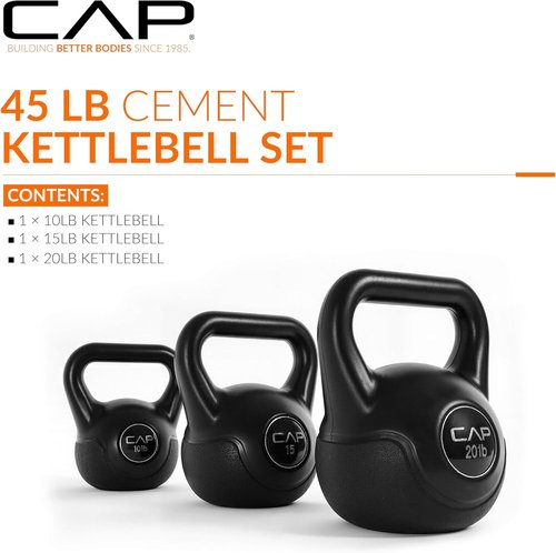 CAP Barbell 45 LB Cement Kettlebell Set - Vinyl-Coated 10 lb, 15 lb & 20 lb for Strength Training & Home Workouts