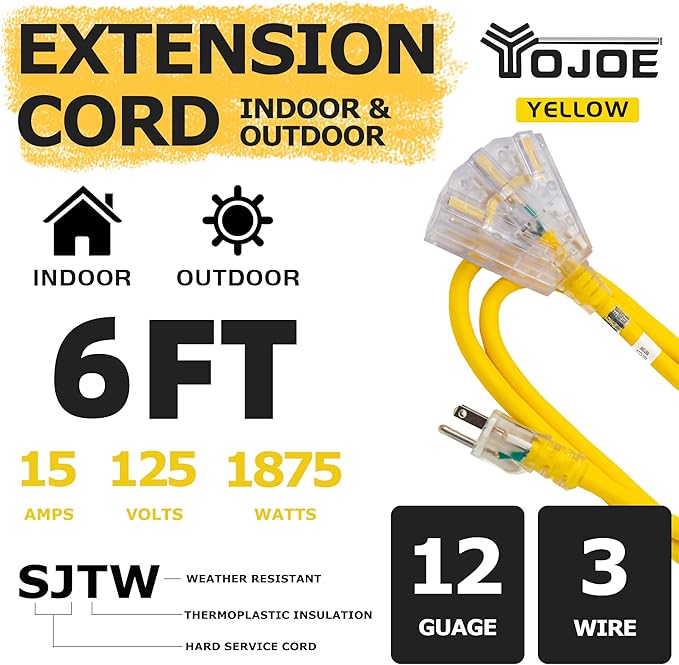 YOJOE 3-Outlets Indoor Outdoor Extension Cord with Lighted End, 3 Prong 15A Weatherproof Power Cord, 12 Gauge Heavy Duty 6 ft Yellow Extension Cord Multiple Outlets, 12/3 SJTW UL Listed