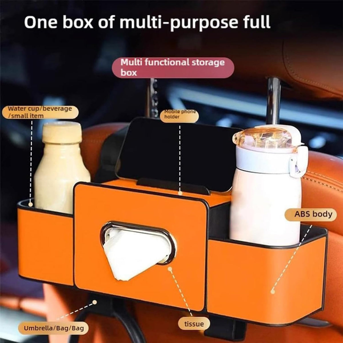 Car Organizer and Storage Box Back Seat, Car Organizer and Storage Box, 3-in-1 Car Seat Back Storage Box, with 2 Cup Holders, Tissue Box and Hooks, Smart Over-Seat CarOrganizer (2, Black)