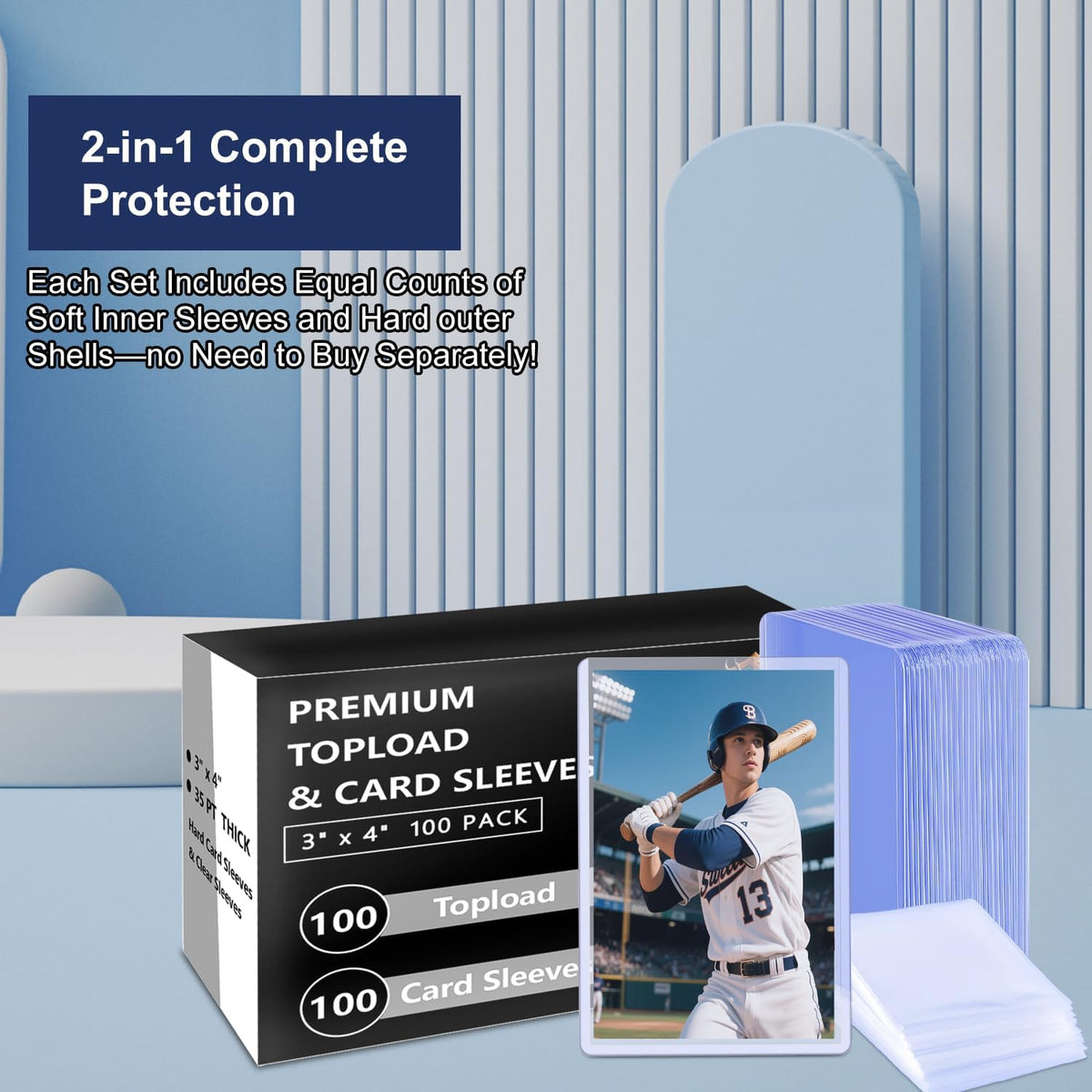 Skiennix 200 Premium Card Sleeves - Archival Quality 35pt Hard Plastic Protectors for Trading Cards | Includes 100 Rigid Toploaders & 100 Penny Sleeves