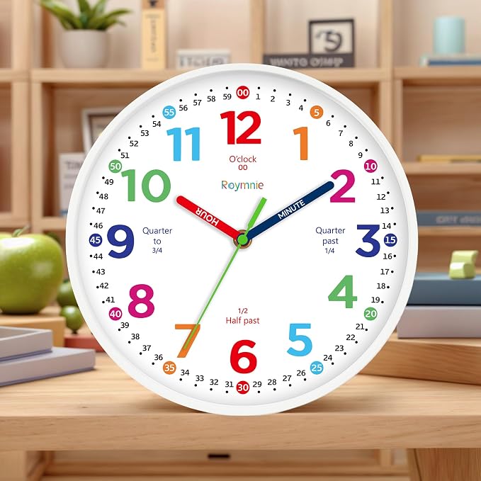 Roymnie Wall Clock for Kids Learning to Tell Time Non Ticking Battery Operated