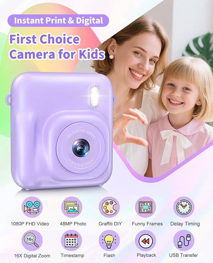 Digital Camera for Kids Instant Print, 48MP Dual-Lens Kids Camera for Girls