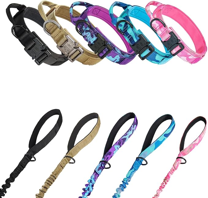 Hotsky Tactical Dog Collar and Leash Set, Heavy Duty Military Airtag Dog Collar with Handle and Metal Buckle for Training and Walking, with Airtag Holder and Two Patches (Pink Camo, M)