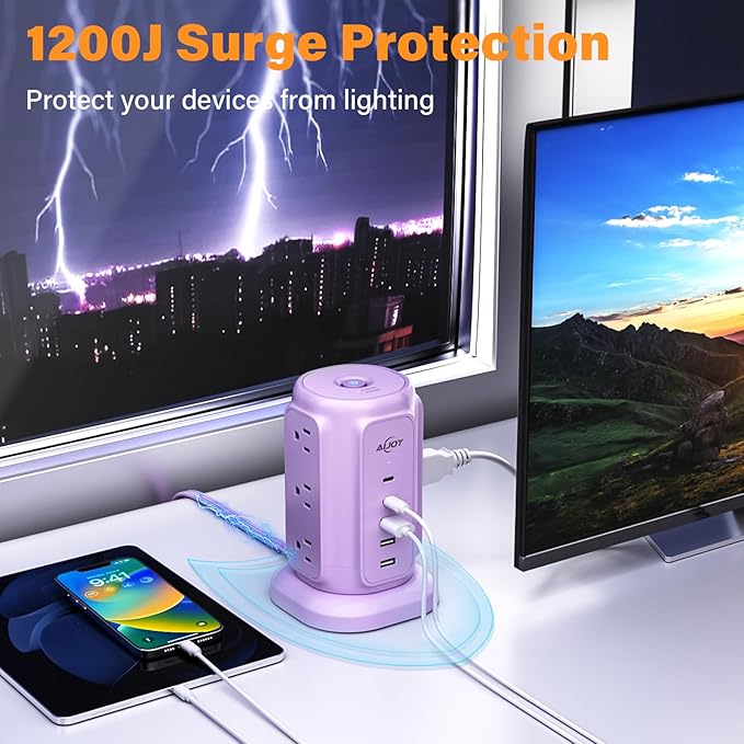 USB C Power Strip Tower, AiJoy 9 AC Outlets and 5 USB Ports Power Tower, 1200J Surge Protection, 1625W Flat Plug Extension Cord Charging Station for Home, Office Supplies, Dorm Essentials