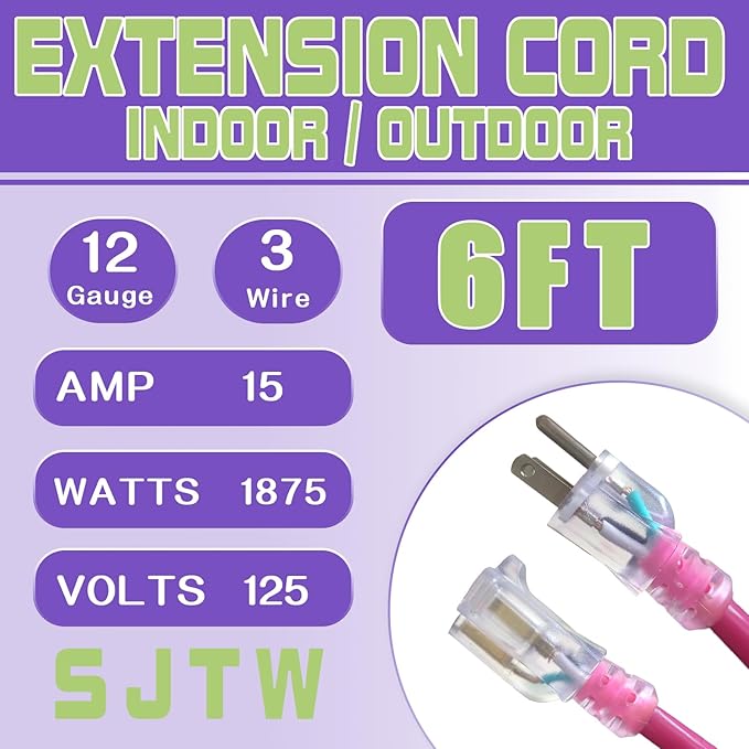 Outdoor Extension Cord with Lighted End, 12 Gauge Heavy Duty 6 FT, 3 Prong Grounded 15 Amp Extension Cord, 12/3 SJTW Waterproof Power Cord for Appliance, UL Listed, Pink