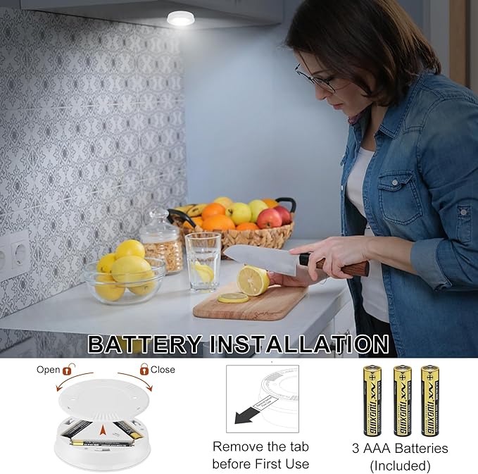 Wireless LED Puck Lights, Touch Activated Tap Ligh Push Light,Battery Operated Stick On Lights for Under Cabinet, Kitchen, Closet & Counters, 6-Pack, White (3 AAA Batteries Included)