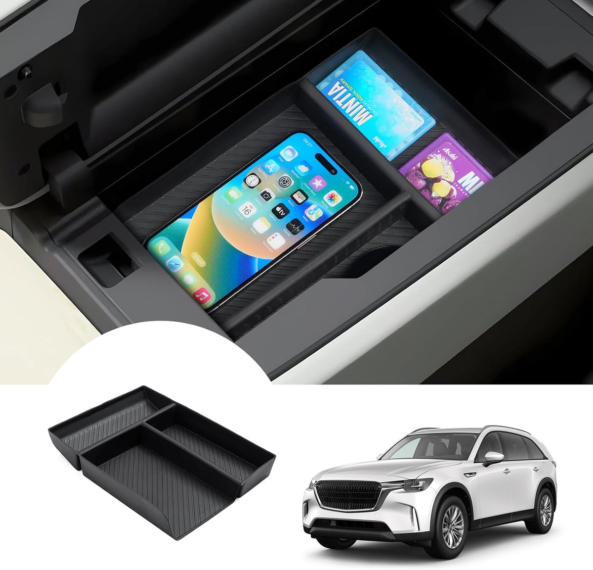 Autorder Center Console Organizer for 2024-2026 Mazda CX-90 CX90 CX-70 CX70 Accessories Armrest Storage Box Secondary Insert Tray with Anti-Slip Mat