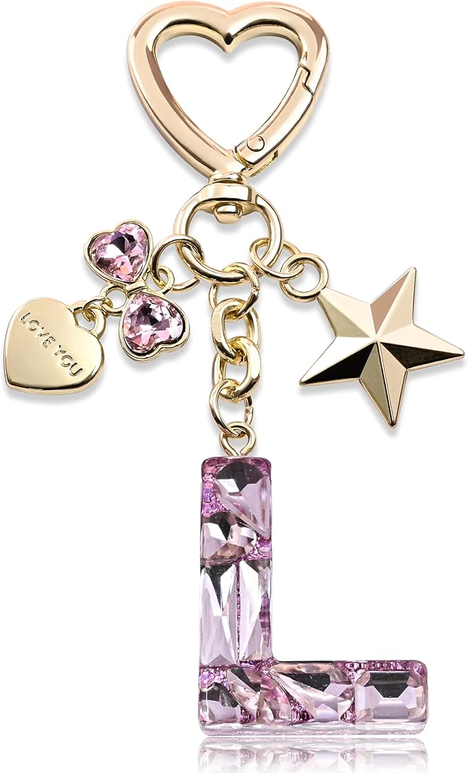 Cute Bling Keychain initial Letter Butterfly Star Pink Purple Gift for Women Girls Bag Cup Charms Accessories