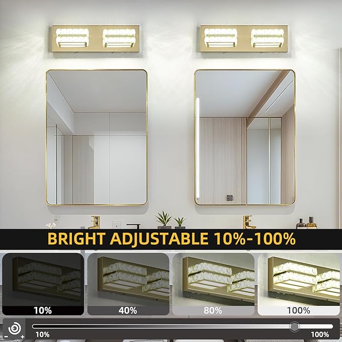 OKELI Crystal Vanity Lights LED Bathroom Vanity Light Fixture Over Mirror Modern Indoor Gold Lamp, 6000K Cold White Dimmable, 2-Lights, 18W, ETL Listed