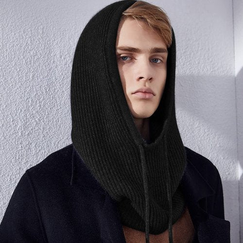 Hooded Scarf Hat Knit Balaclava Women Beanie Skull Cap with Drawstring Warm Winter Hats for Women Men Outdoor Sports