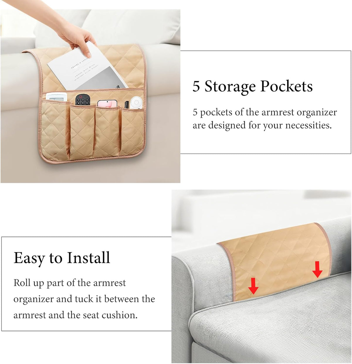 Armchair Caddy for Recliner, Non Slip Sofa Arm Organizer, Khaki