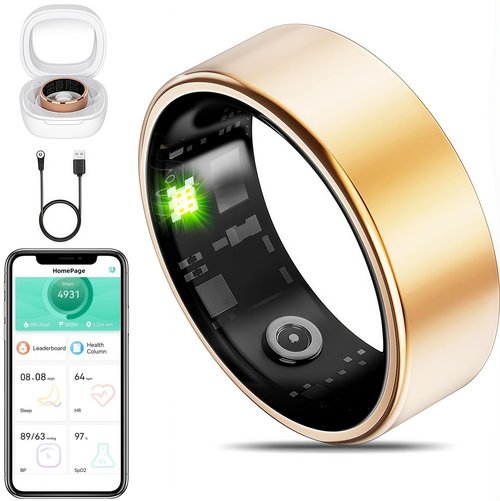 MZJ Smart Ring Fitness Tracker for iOS & Android – Sleep Monitor Heart Rate Blood Oxygen & Pressure 8 Sports Modes IP68 Waterproof NO Subscription Long Battery Life (Champagne Gold, 13#)