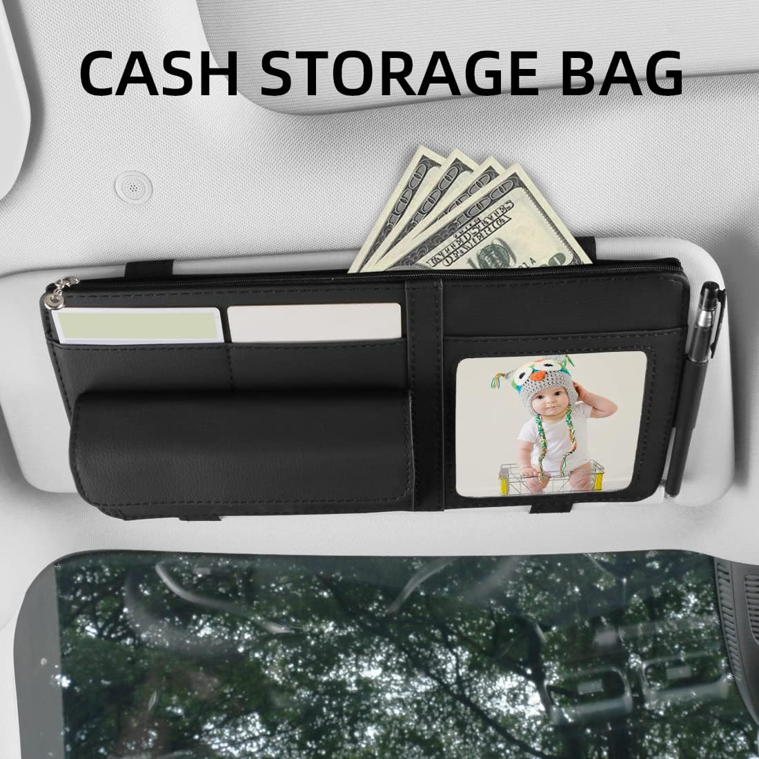 Black Car Sun Visor Organizer, Leather Visor Holder with Photo Frame