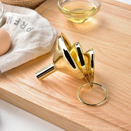 Zerodis Gold Stainless Steel Funnel Set with Narrow Valve Rod and Side Handle for Small Bottles and Containers