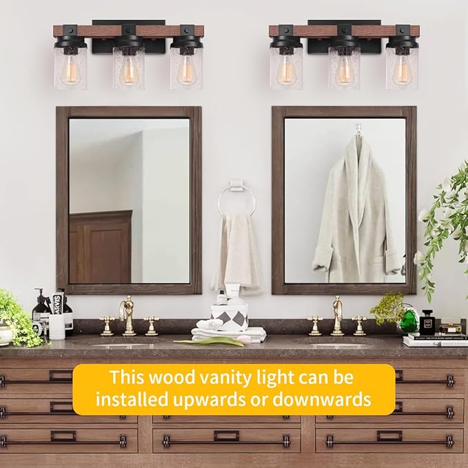 Farmhouse Vanity Light Fixtures, 3-Light Rustic Bathroom Lights Over Mirror with Pretty Glass Shade, Industrial Black Metal Wood Wall Decor Sconces for Living Room Hallway Stairway UL-Listed