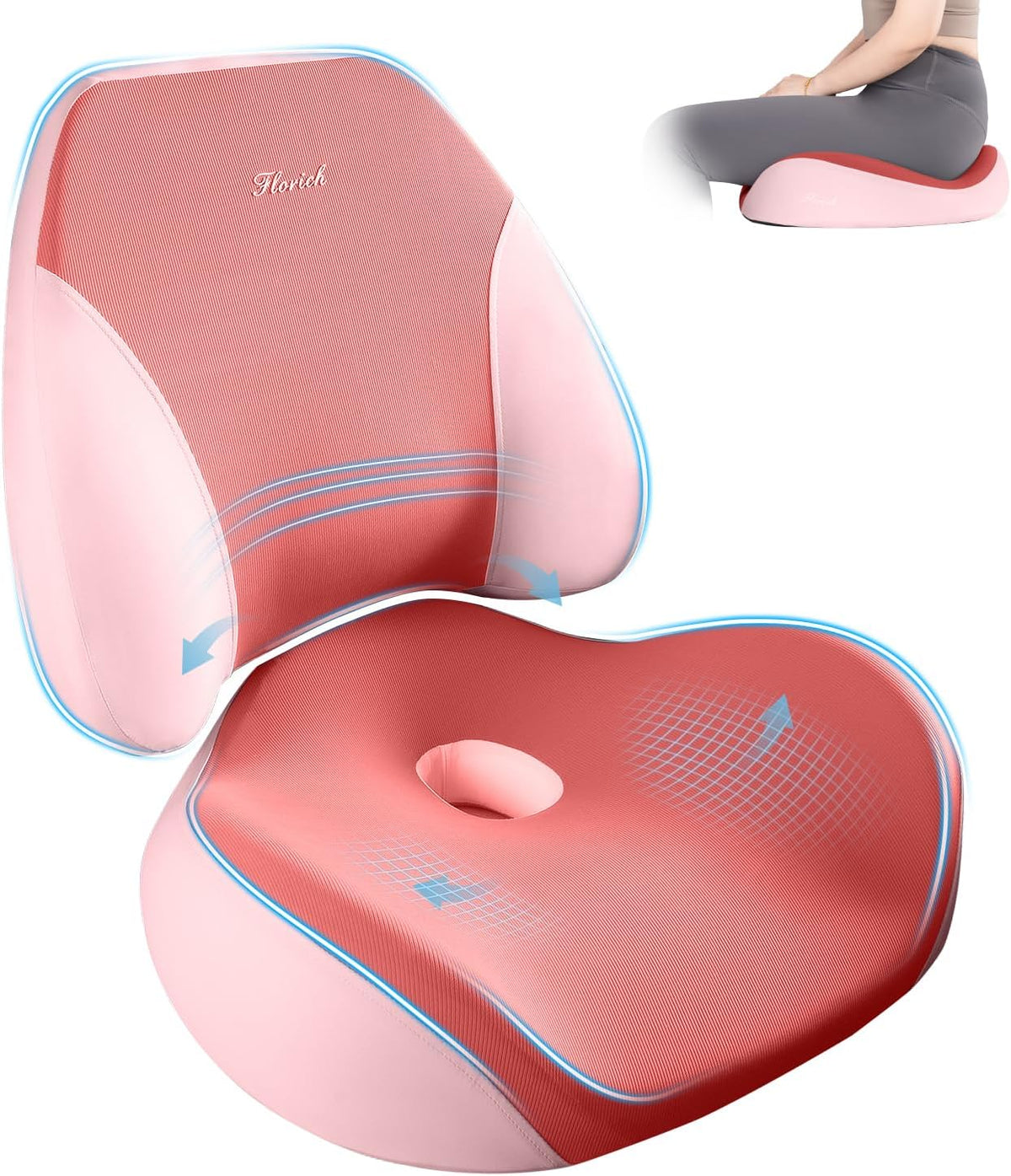 FLORICH Upgraded Ergonomic Memory Foam Car Seat Cushion with Lumbar Support, Non-Slip, Washable Driving Seat Cushion for Back & Sciatica Pain Relief, Large Car Seat Cushion Driver, Office-Pink