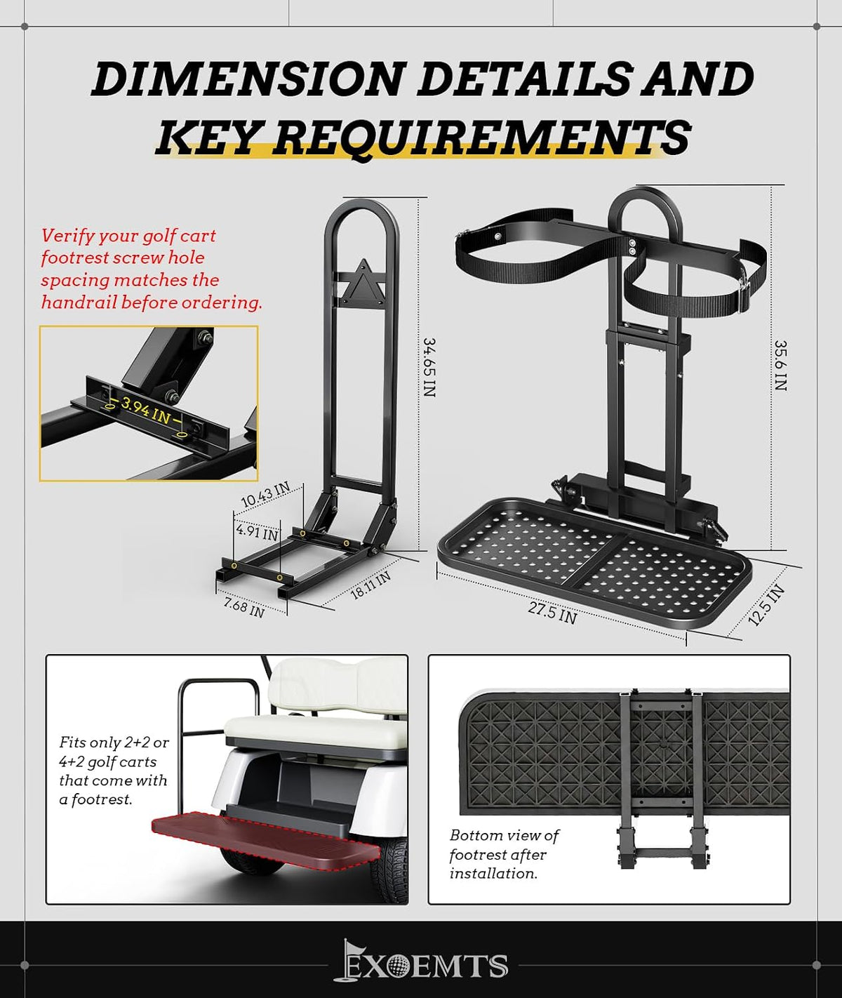 Universal Golf Cart Bag Holder & Grab Bar Combo, Foldable Golf Cart Rear Seat Bag Holder Rack & Safety Bar for Club Car EZGO Yamaha with Metal Pedal, Space-Saving, Convenience, Security, Easy Install