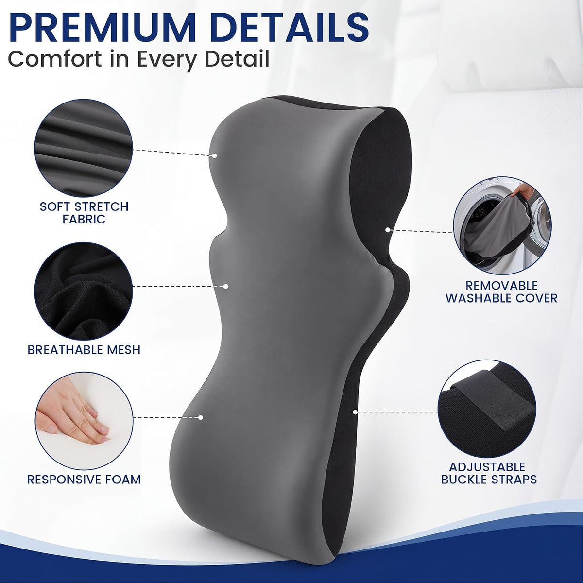 BALAPET One-Piece Car Headrest & Lumbar Support Pillow, Gray
