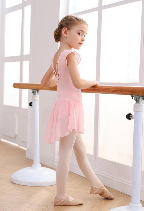 MdnMd Girls Ballet Leotard Dress - Toddler Ballerina Outfit with Flutter Sleeves & Hollow Knot Back