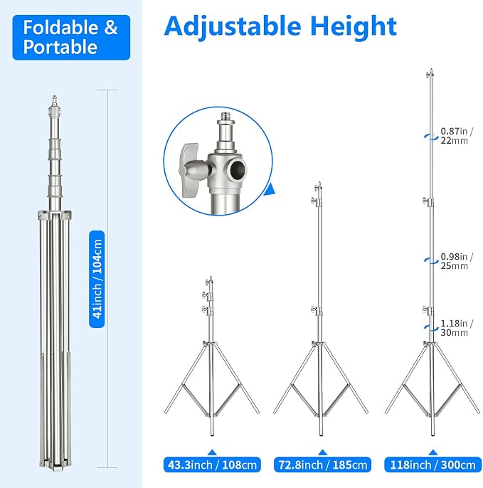 NEEWER 118"/3m Stainless Steel Light Stand, Spring Cushioned Heavy Duty