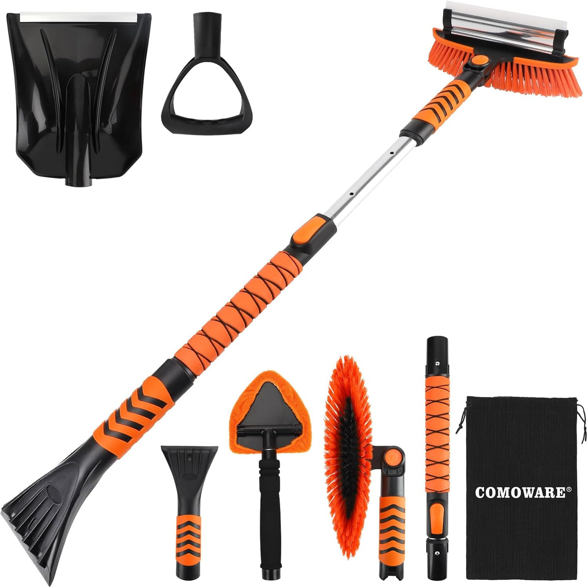 COMOWARE Extendable Snow Brush for Car, Ice Scrapers for Car Windshield Combo Kit with 270° Pivoting Head, 6-in-1 Snow Removal Tool with Snow Shovel Snow Scraper for Car, Truck, SUV, Winter Car Kit