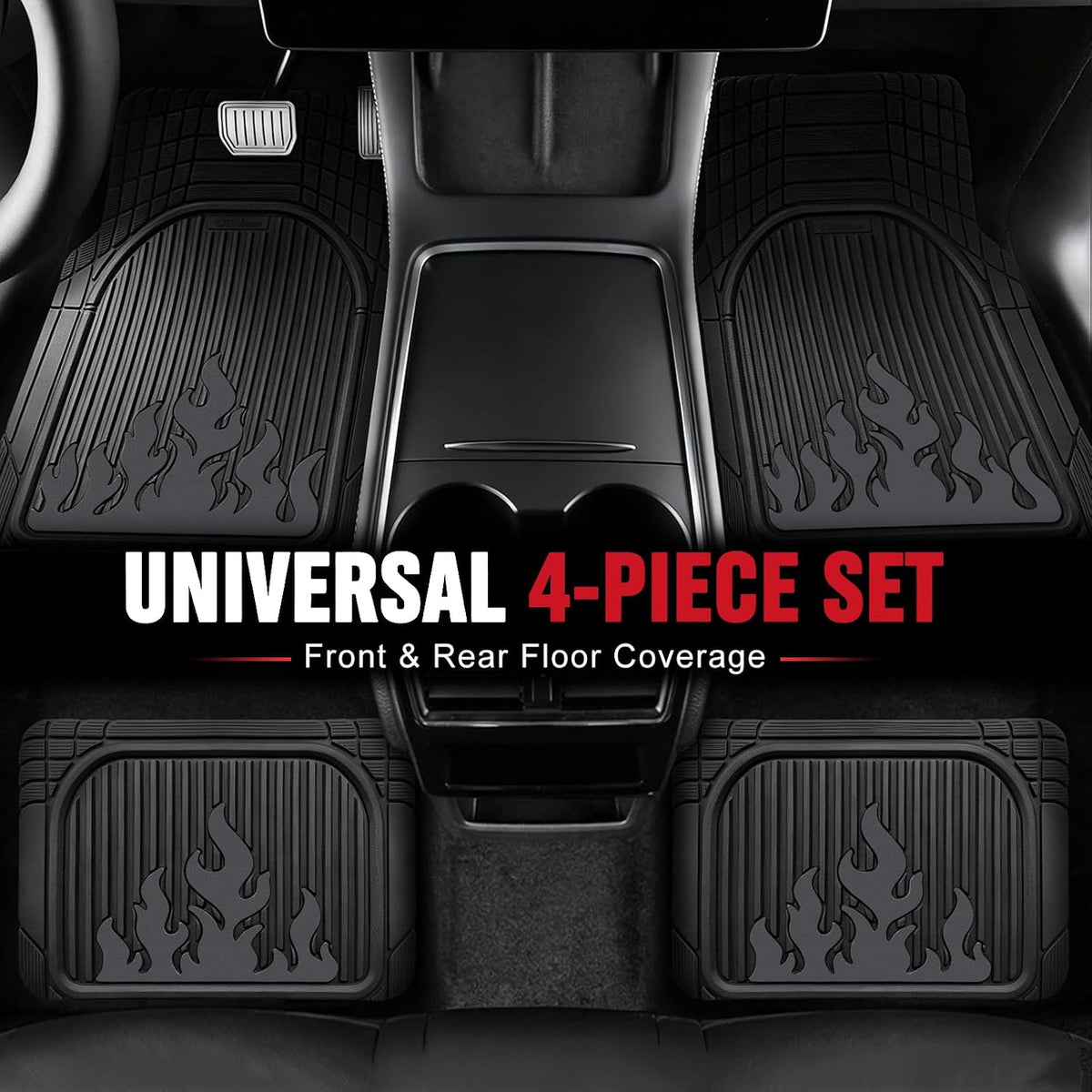 Heavy Duty Rubber Car Mats Flame Design (Graphite Gray), 4-Piece Deep Waterproof Floor Mats Set (Front & Rear Full Set), All Weather Universal Trim to Fit Automotive SUV Sedan Truck