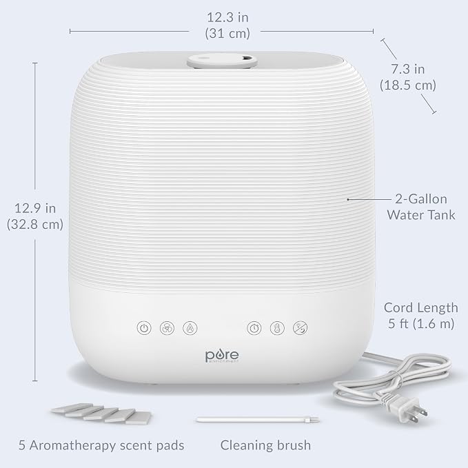 Pure Enrichment HUME Sense Warm & Cool Mist Top-Fill Humidifier, 2-Gal Tank, Up to 4.5 Days, Auto Humidity Sensor, 3 Mist Levels, Night Light, Aromatherapy, Sleep Mode & Auto Shut-Off