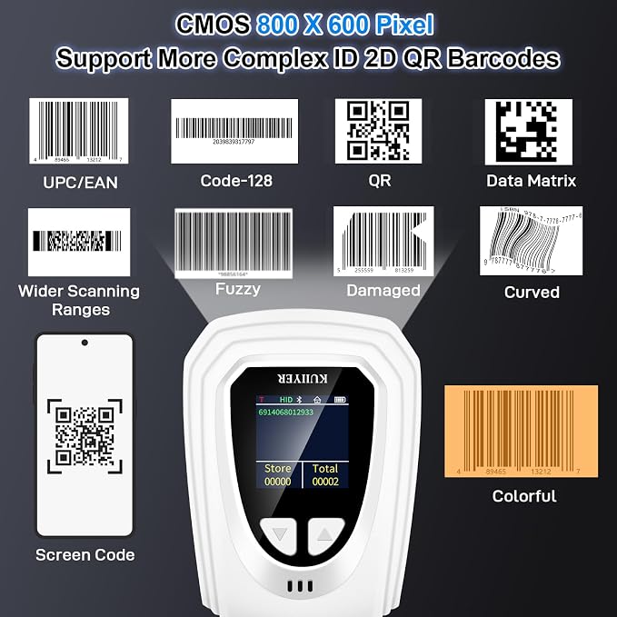 KUIIYER 1D QR 2D Barcode Scanner, Handheld Barcode Reader