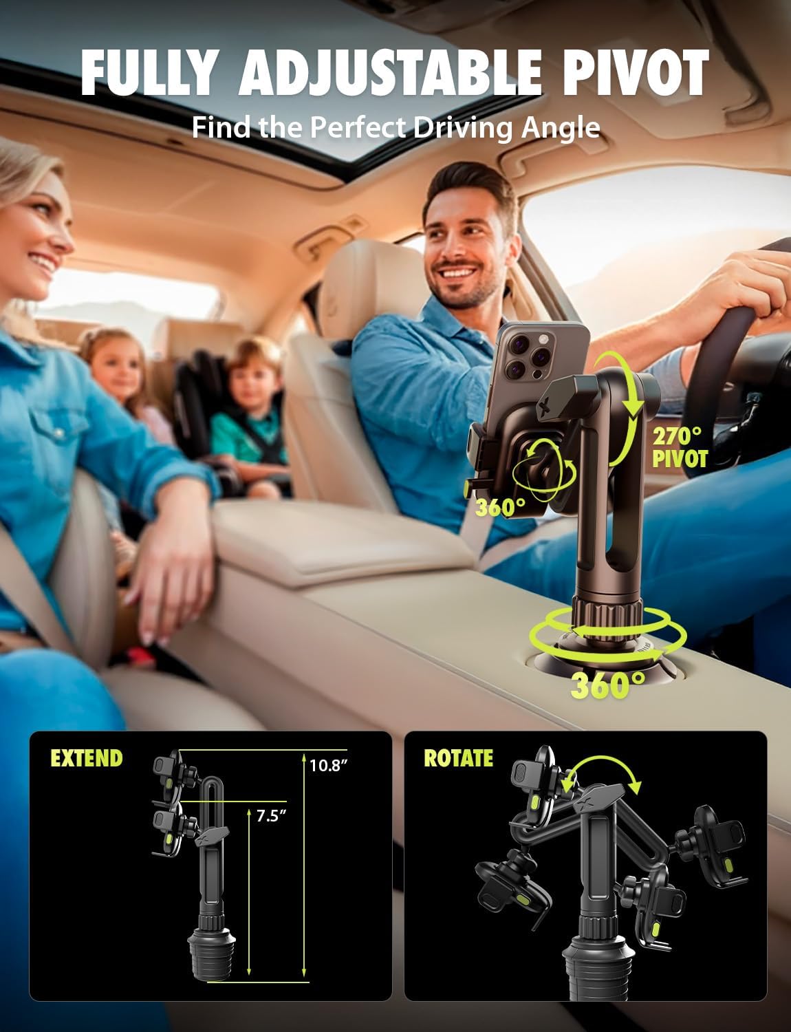 Bracketron OneClick Cup Phone Holder for Car, 360° Rotation Expandable Base