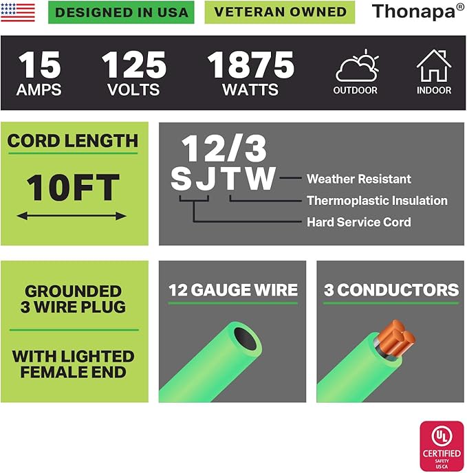 Thonapa 12 Gauge Extension Cord 10 ft for Outdoor - 12/3 Heavy Duty Extension Cord 10 Foot 3 Prong Grounded Plug 15 Amp, Neon Green High Visibility Electric Cable Great for Major Appliances