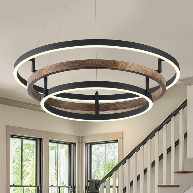 3 Ring LED Chandelier Black Round Chandelier Light Fixture Dimmable Farmhouse