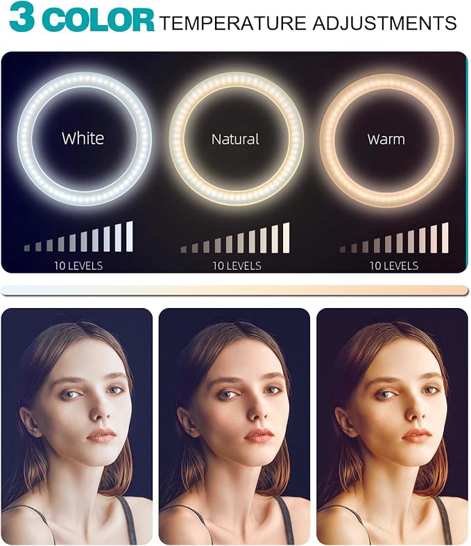 10" Selfie Ring Light with 10" Stand and 60" Selfie Stick, 3 Color Light