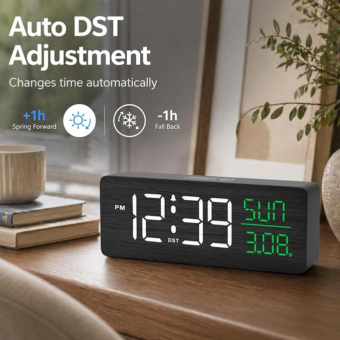 Peakeep Wooden Digital Alarm Clock Large Display, Textured Decoration