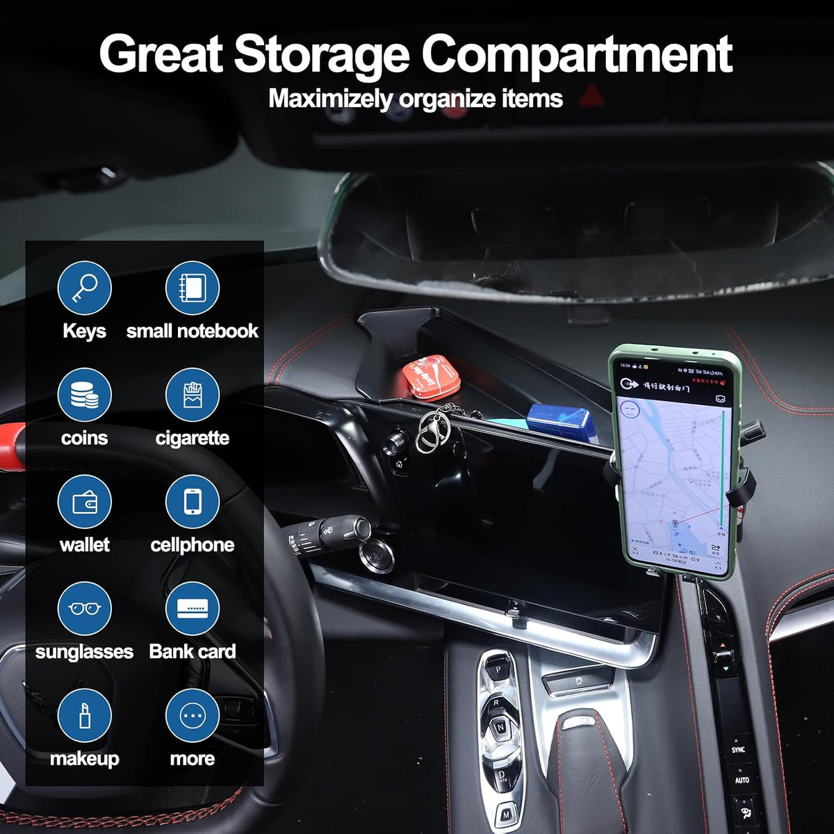 for Corvette C8 Center Console Tray Phone Holder Mount Organizer,360 Degree Rotatable Phone Holder Stand Navigation Screen Rear Storage Box Organizer Tray for Corvette C8 2020-2024 2025 (E)