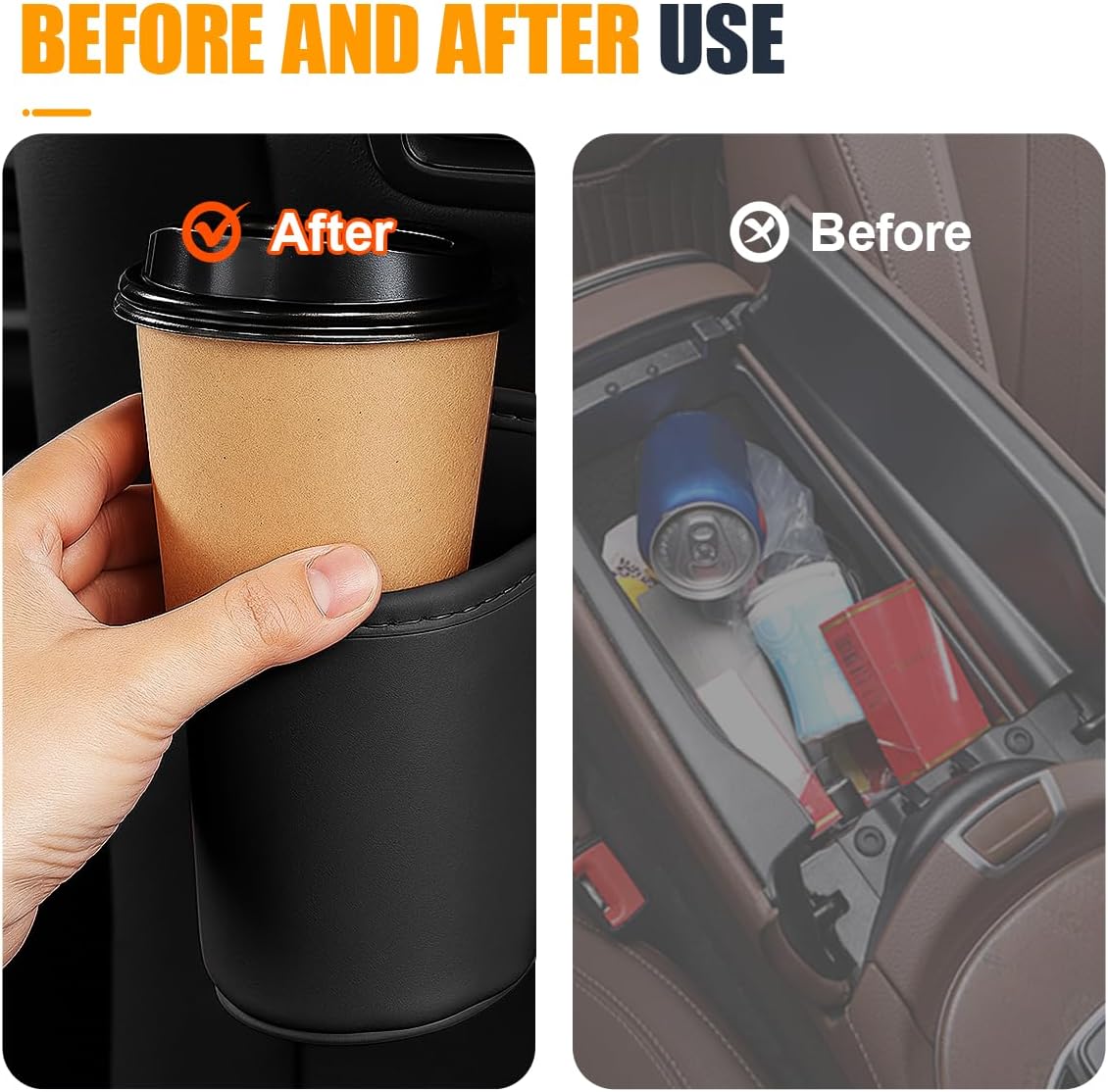 YoRise Leather Car Cup Holder, Scratch-Resistant Clip-On Auto Door Beverage Holders, Universal Hanging Vehicle Back Seat Drink Pocket Organizer for Soda Cans, Water Bottles, Coffee (Black)