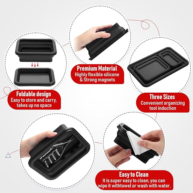 12 Pcs Collapsible Magnetic Parts Tray Set Foldable Tool Storage Organizer Magnetic Tray 3 Different Size Collapsible Bowl for Screw, Bolts, Nuts, Washers, Pins, Tool Gift for Men (Red, Black)
