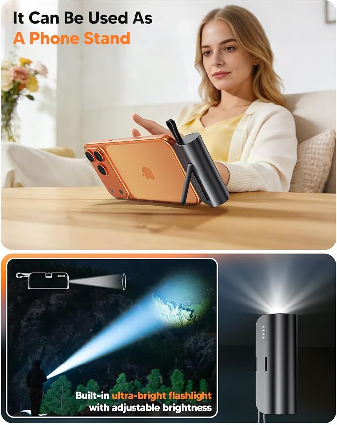 5000mAh Mini Portable Charger with Built-in Type C Connector & Cables,5V 2.4A USB-C Small Power Bank,2 Output Flashlight External Battery Pack Compatible with iPhone 17-12 Pro Galaxy,iPad (Black)