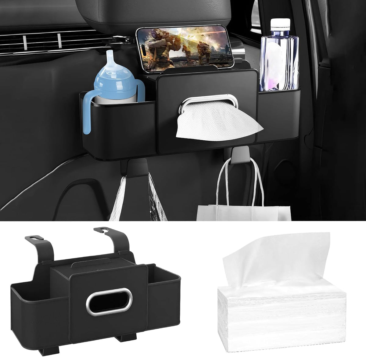 Car Back Seat Organizer with 1 Pack of 80 Tissues, Car Seat Back Tissue Box, and Storage Hook, Multi-Functional Organizer for Phone, Drinks, Handbag, Garbage Bags, Fits Most Car Models