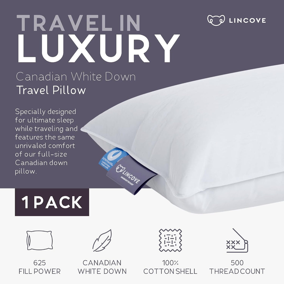 Lincove Canadian Down Feather Travel Pillow - Luxury Pillows to Support Head, Neck, While Sleeping on Airplanes, Cars, Hotels & Home - Comfortable Vacation Sleeping Essential, 13"x18"