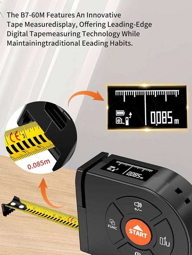 Laser Tape Measure 3-in-1, 196ft/60m Laser Distance Meter, 16ft/5m Digital Tape