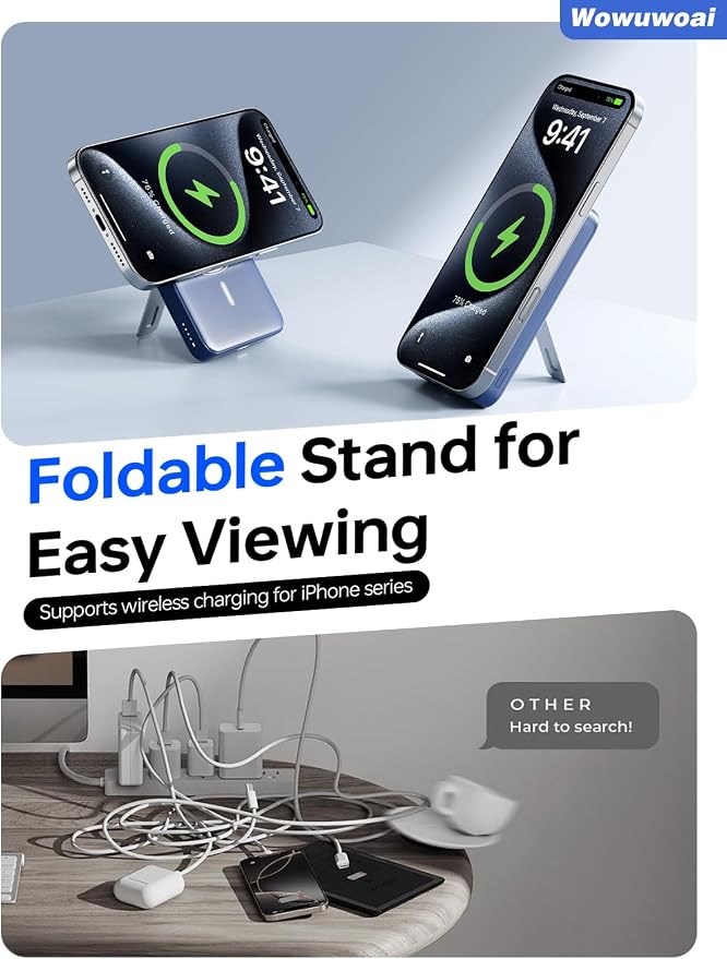 for Magsafe Portable Charger, 10000mAh Wireless Power Bank with Stand and PD 20W, USB C Fast Charging Powerbank, Magnetic Battery Pack Compatible with iPhone 17/16/15/14/13/12 Pro Max - Dark Blue