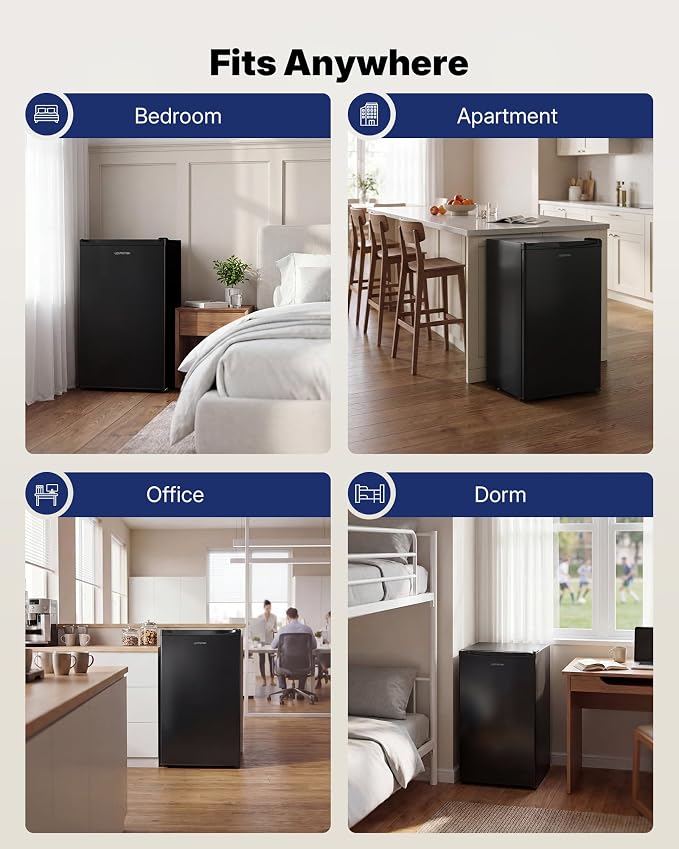 Upstreman 3.2 Cu.Ft Mini Fridge with Freezer, Black-BR321 | Adjustable Thermostat, Energy Saving, Low Noise, Reversible Door, Small Refrigerator for Dorm, Bedroom, Office