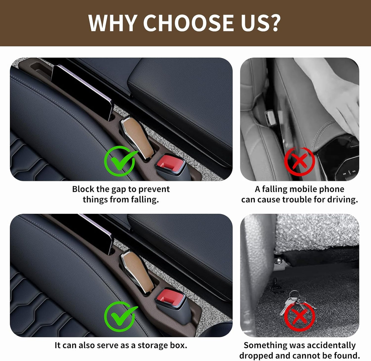 2PCS Car Seat Gap Filler Organizer,Multifunctional Car Gap Filler Organizer Storages Function,Universal Console Catcher Between Seats Cars Interior Accessories (Brown)