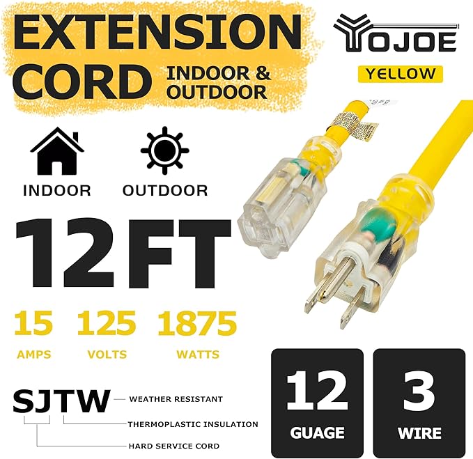YOJOE Indoor Outdoor Extension Cord with Lighted End, 3 Prong 15A Weatherproof Power Cord, 12 Gauge Heavy Duty 12 ft Yellow Extension Cord for Garage, Garden and Home, 12/3 SJTW UL Listed