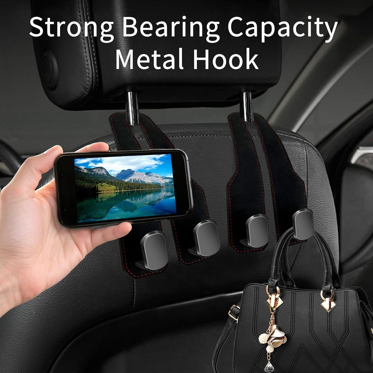 Car Purse Hook, Car Seat Headrest Hooks, Black Leather 4 Pack