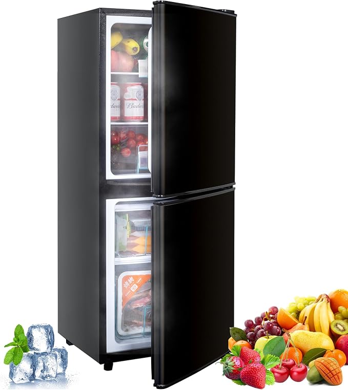 4.2 Cu Ft Mini Fridge for Bedroom, 2 Door Small Fridge, Small Refrigerator | 7 Level Thermostat, LED Light, for Bedroom, Office, Dorm - Black