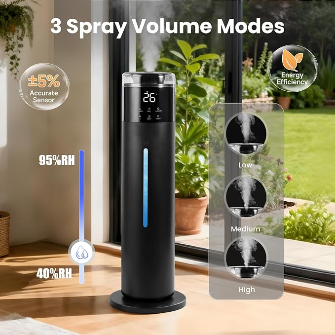 Large Humidifier for Bedroom, 8L/2.1Gal Ultrasonic Cool Mist, Remote control,Easy Clean with 350ML/H Large Mist Speed, Suitable for Kids Room Plant Yoga Study Room Office (Black)