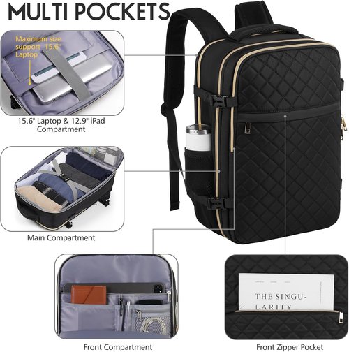 MOMUVO Travel Backpack - Airline Approved Carry-On | 15.6 Inch Laptop Bag with USB Charging Port - Black