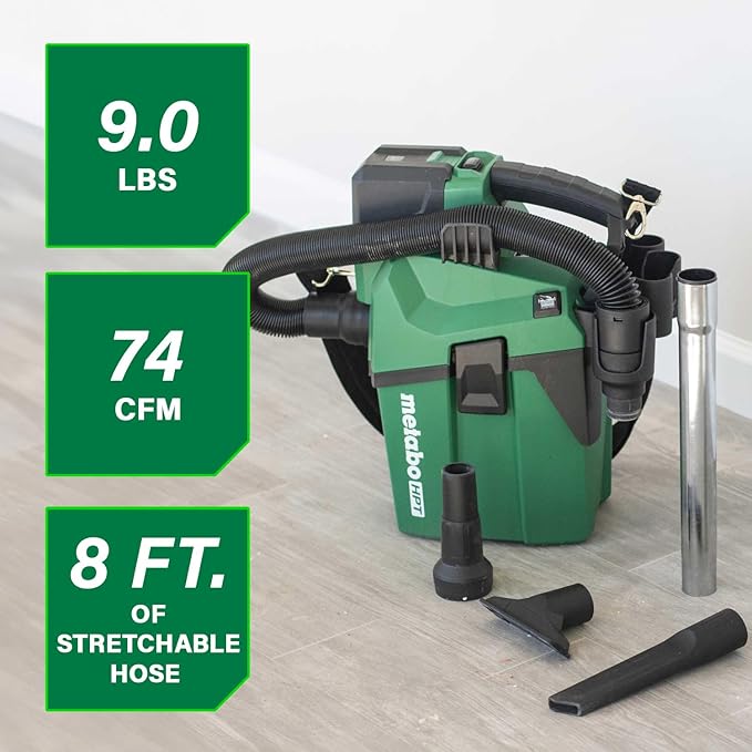 Metabo HPT 18V Cordless Wet/Dry Vacuum, 1.6 Gallon HEPA Filter Vacuum, Powerful 74 CFM Airflow, 8 ft. of Stretchable Hose, Eco and Boost Modes, Lightweight Design, Tool Body Only, RP18DAQ4